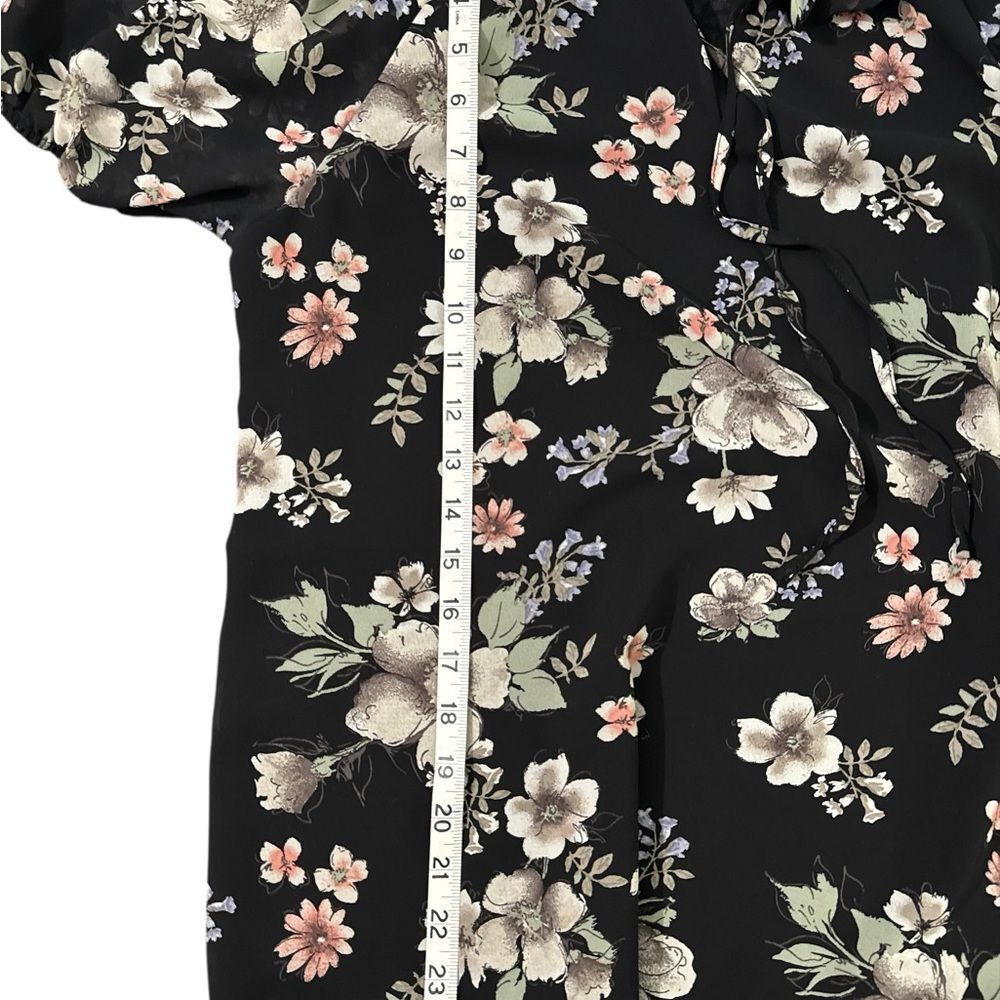 Pleione Black Floral Blouse Ruffle Neck Tie Front Sheer Sleeve Boho Size L - Picture 5 of 12